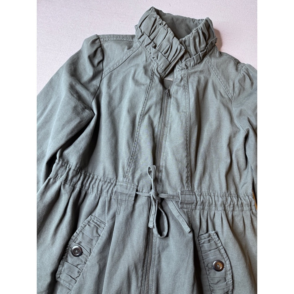 Willi Smith Olive Green Cotton Utility Jacket Ruffle Neck Cinched Waist XL‎